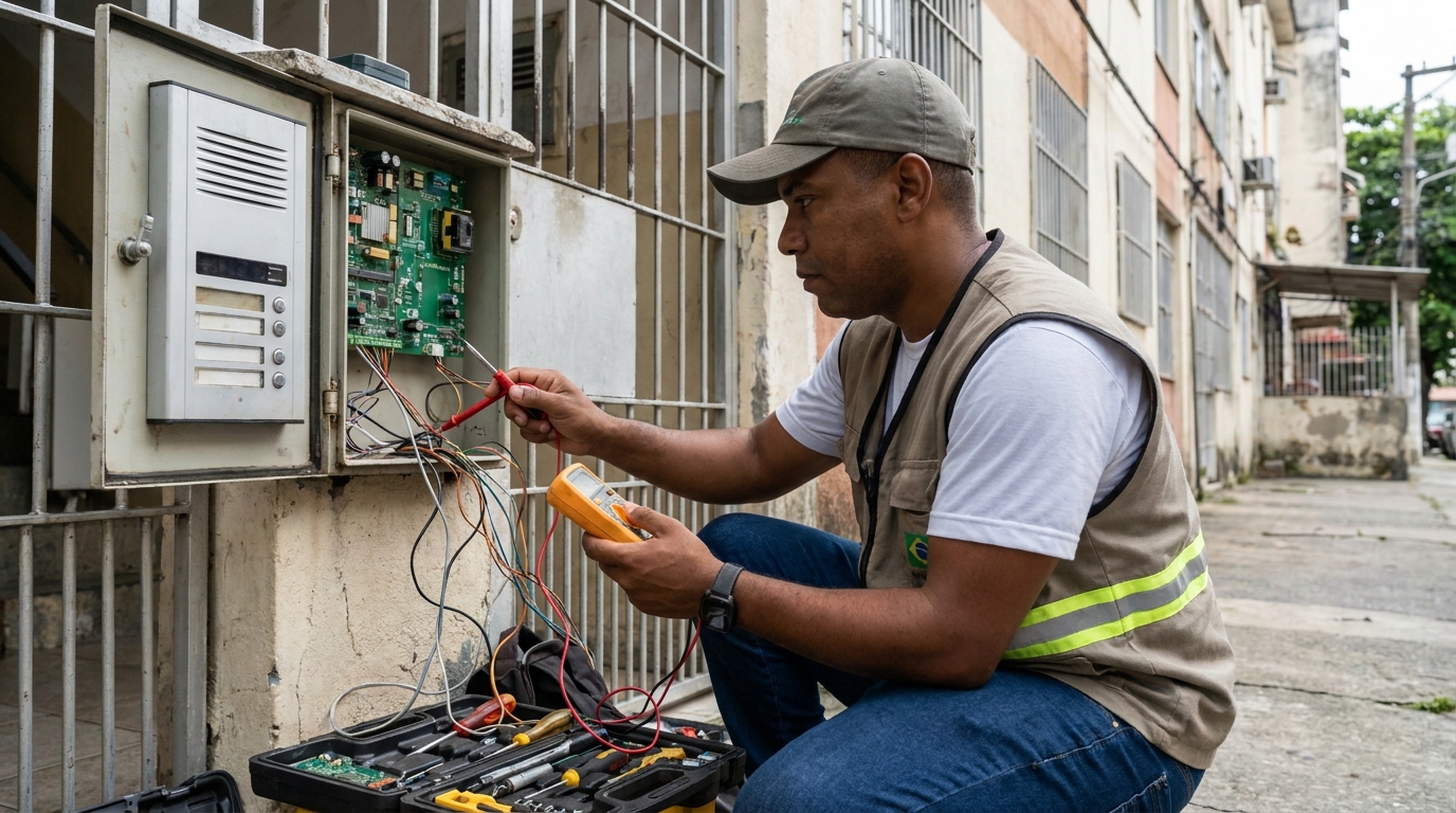 Eletricista consertando interfone em Jaboatão dos Guararapes‑PE