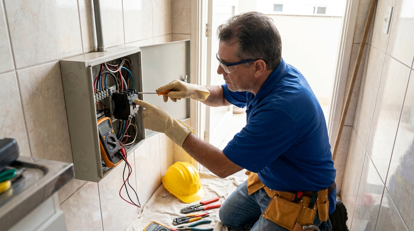 Eletricista instalando disjuntor em Jaboatão dos Guararapes‑PE